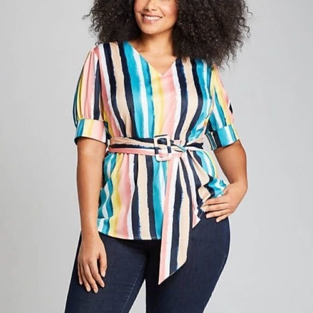 Lane Bryant Multicolor Stripe Satin V-Neck Belted Blouse Women's 26 NEW Party